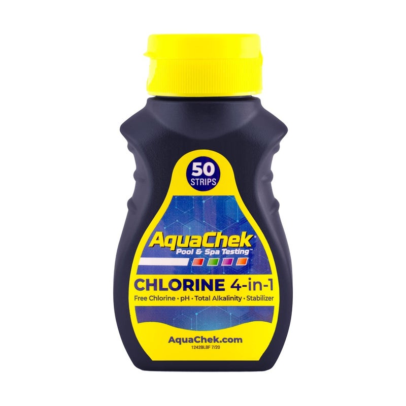 AquaChek شرائط اختبار حمام السباحة والسبا الصفراء 4-طرق - 50 شريط اختبار أصفر - شرائط اختبار حمام السباحة لقياس الرقم الهيدروجيني، الكلور الحر، القلوية الكلية، وحمض السيانوريك - نتائج سريعة ودقيقة - مجموعة اختبار - Image 1