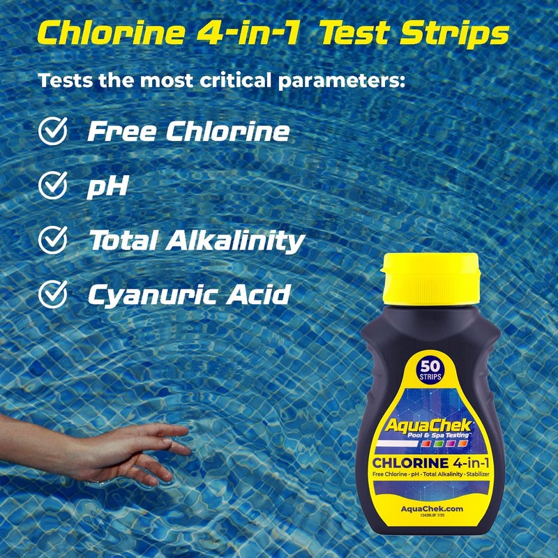 AquaChek شرائط اختبار حمام السباحة والسبا الصفراء 4-طرق - 50 شريط اختبار أصفر - شرائط اختبار حمام السباحة لقياس الرقم الهيدروجيني، الكلور الحر، القلوية الكلية، وحمض السيانوريك - نتائج سريعة ودقيقة - مجموعة اختبار - Image 3