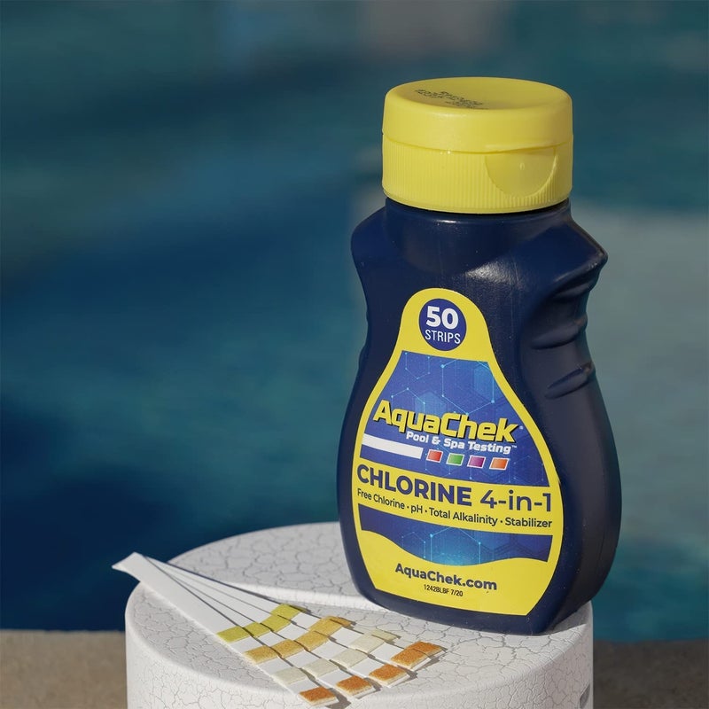 AquaChek شرائط اختبار حمام السباحة والسبا الصفراء 4-طرق - 50 شريط اختبار أصفر - شرائط اختبار حمام السباحة لقياس الرقم الهيدروجيني، الكلور الحر، القلوية الكلية، وحمض السيانوريك - نتائج سريعة ودقيقة - مجموعة اختبار - Image 2