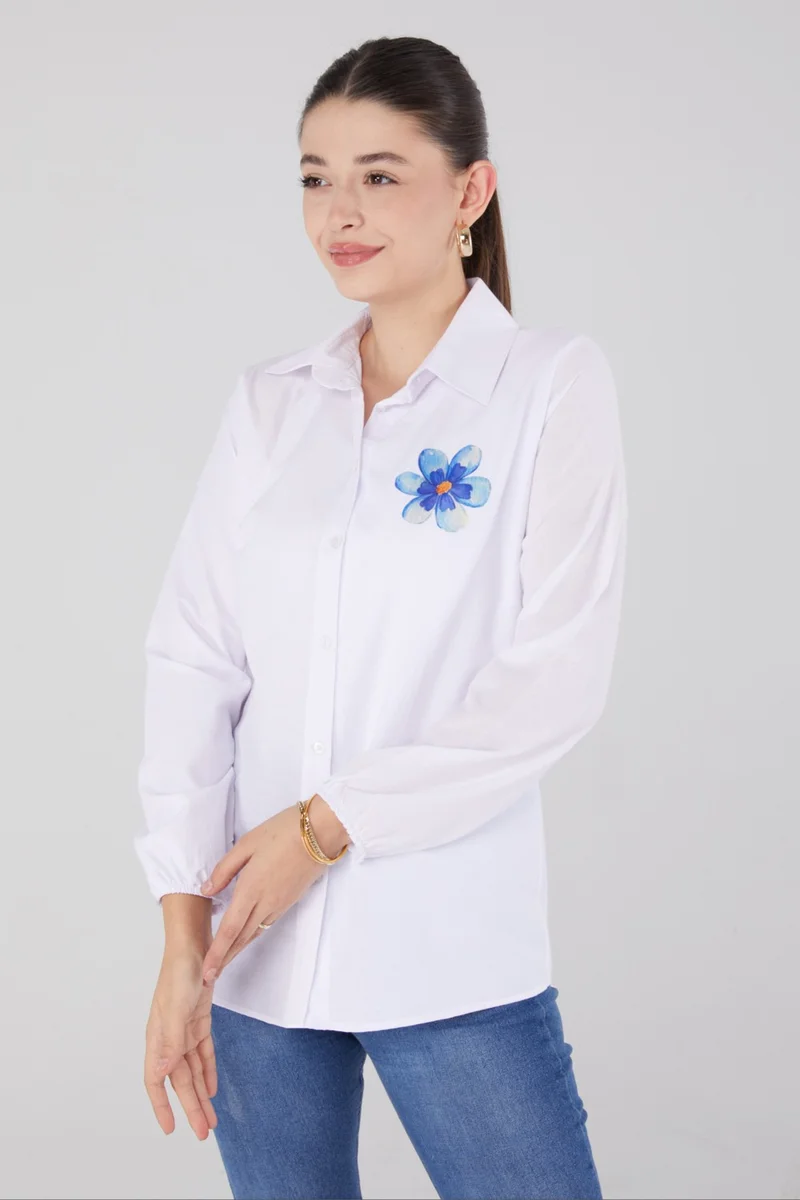 Tofisa Plain Shirt Collar Women's White Printed Shirt - 13338