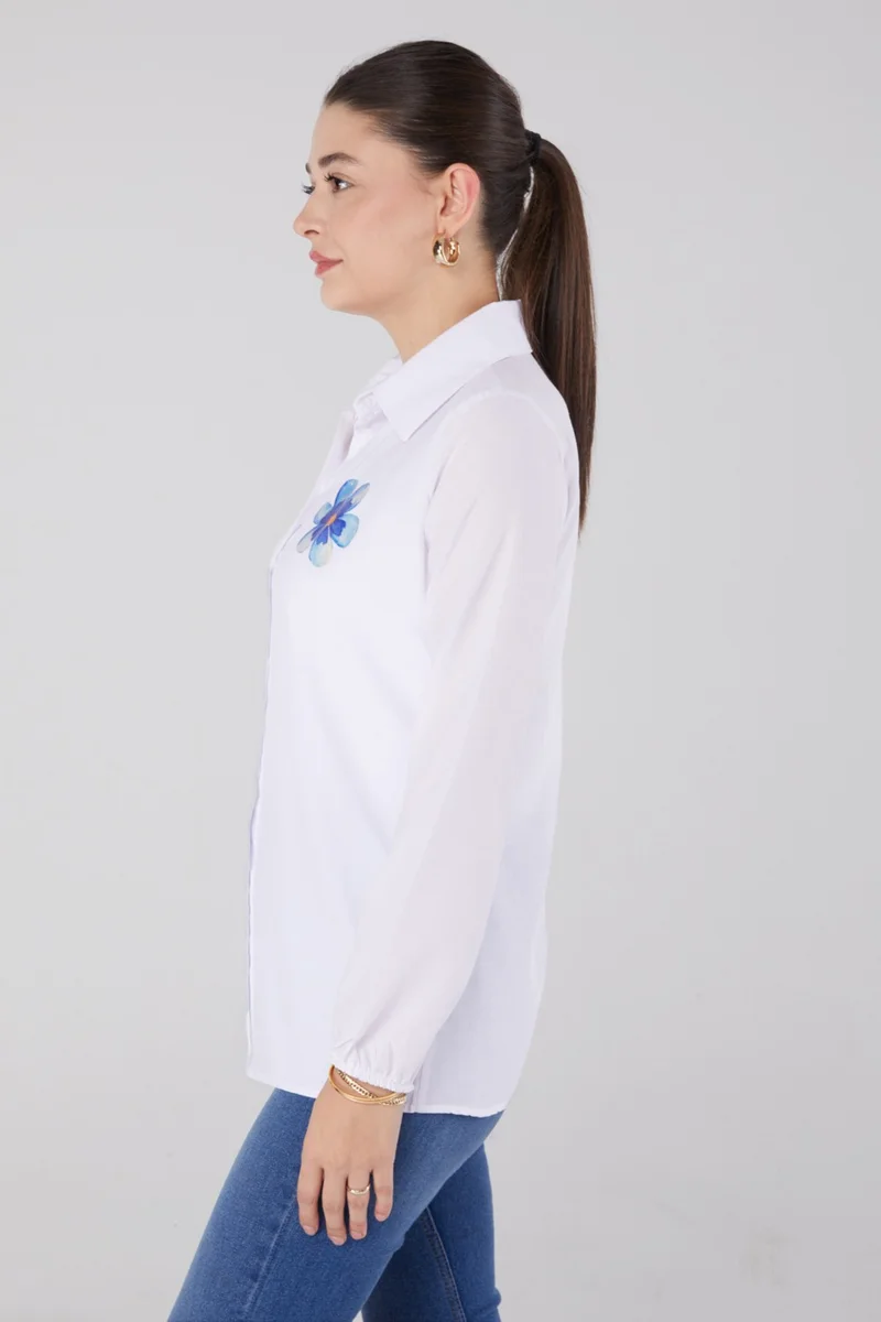 Tofisa Plain Shirt Collar Women's White Printed Shirt - 13338