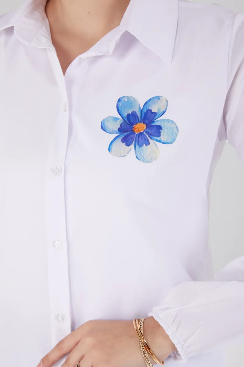 Tofisa Plain Shirt Collar Women's White Printed Shirt - 13338