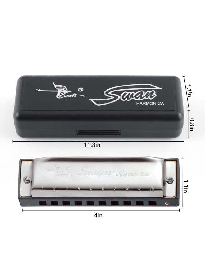 Swan Blues Harmonica C Key for Kids Adults, 10 Hole Diatonic Harmonica Key of C, Metal Blues Harp for Beginners Students, Mouth Organ in Case, Silver - Image 2