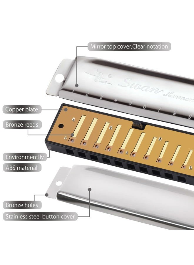 Swan Blues Harmonica C Key for Kids Adults, 10 Hole Diatonic Harmonica Key of C, Metal Blues Harp for Beginners Students, Mouth Organ in Case, Silver - Image 5