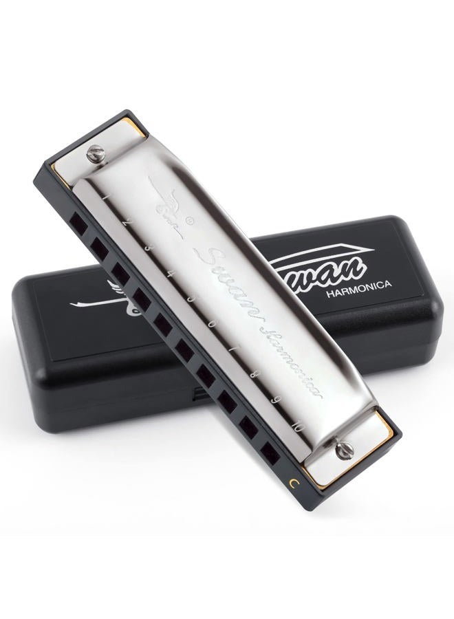 Swan Blues Harmonica C Key for Kids Adults, 10 Hole Diatonic Harmonica Key of C, Metal Blues Harp for Beginners Students, Mouth Organ in Case, Silver - Image 1