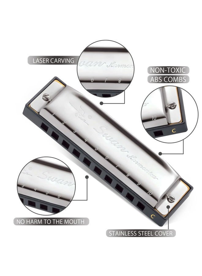 Swan Blues Harmonica C Key for Kids Adults, 10 Hole Diatonic Harmonica Key of C, Metal Blues Harp for Beginners Students, Mouth Organ in Case, Silver - Image 3