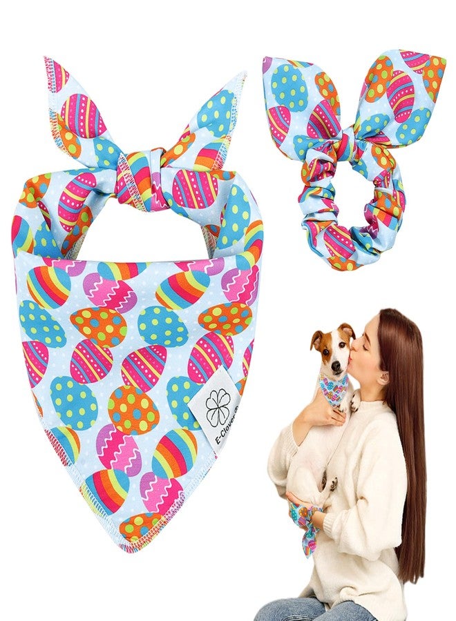 E-Clover Easter Dog Bandana & Matching Scrunchie Set Egg Dog Bandanas Scarf with Bunny Hair Tie for Small Puppy Dogs Pet Owner - Image 1