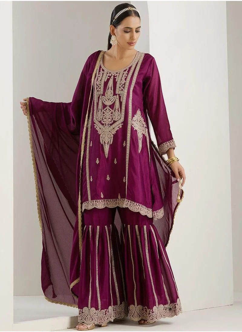 ISHIN Women's Purple Polyester Blend Embellished Kaftan Full Length Palazzo Straight Fit Kurta Set