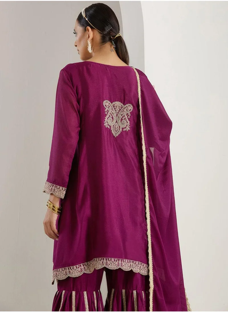 ISHIN Women's Purple Polyester Blend Embellished Kaftan Full Length Palazzo Straight Fit Kurta Set