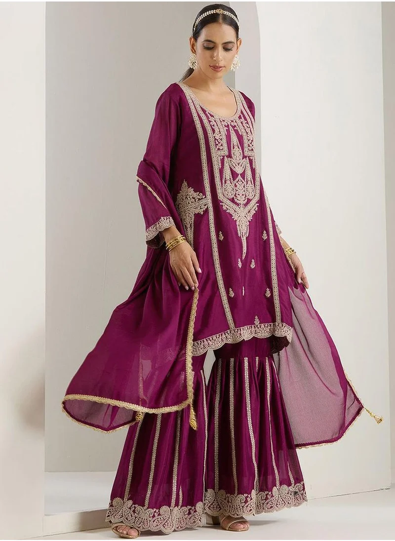 ISHIN Women's Purple Polyester Blend Embellished Kaftan Full Length Palazzo Straight Fit Kurta Set