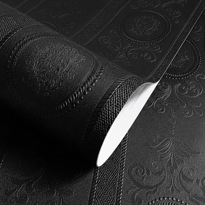 JiffDiff Wallpaper Peel and Stick Textured, 3D Black Embossed Wall Paper Stick on Wallpaper Modern Waterproof Self Adhesive Contact Paper(17.3" x 400") - Image 1