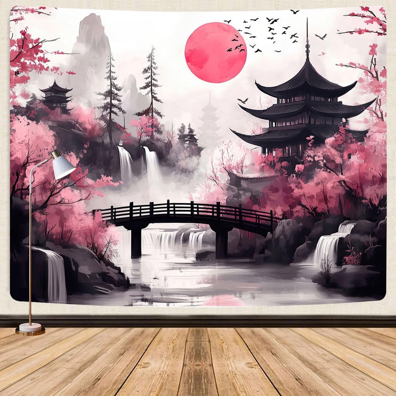 GOAOK Japanese Anime tapestry, Cool Japan Cherry Blossom Floral Mountain Waterfall Sun Asian Oriental Abstract Ink Art tapestry, Black Pink Nature Landscape Tapestries for Living Room College Dorm, 60X40IN - Image 1
