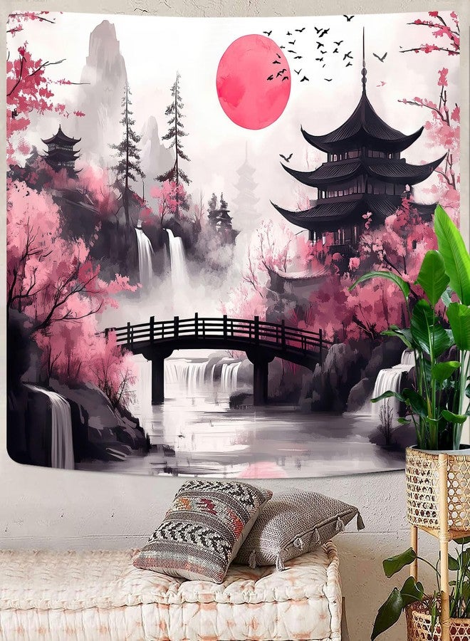 GOAOK Japanese Anime tapestry, Cool Japan Cherry Blossom Floral Mountain Waterfall Sun Asian Oriental Abstract Ink Art tapestry, Black Pink Nature Landscape Tapestries for Living Room College Dorm, 60X40IN - Image 4