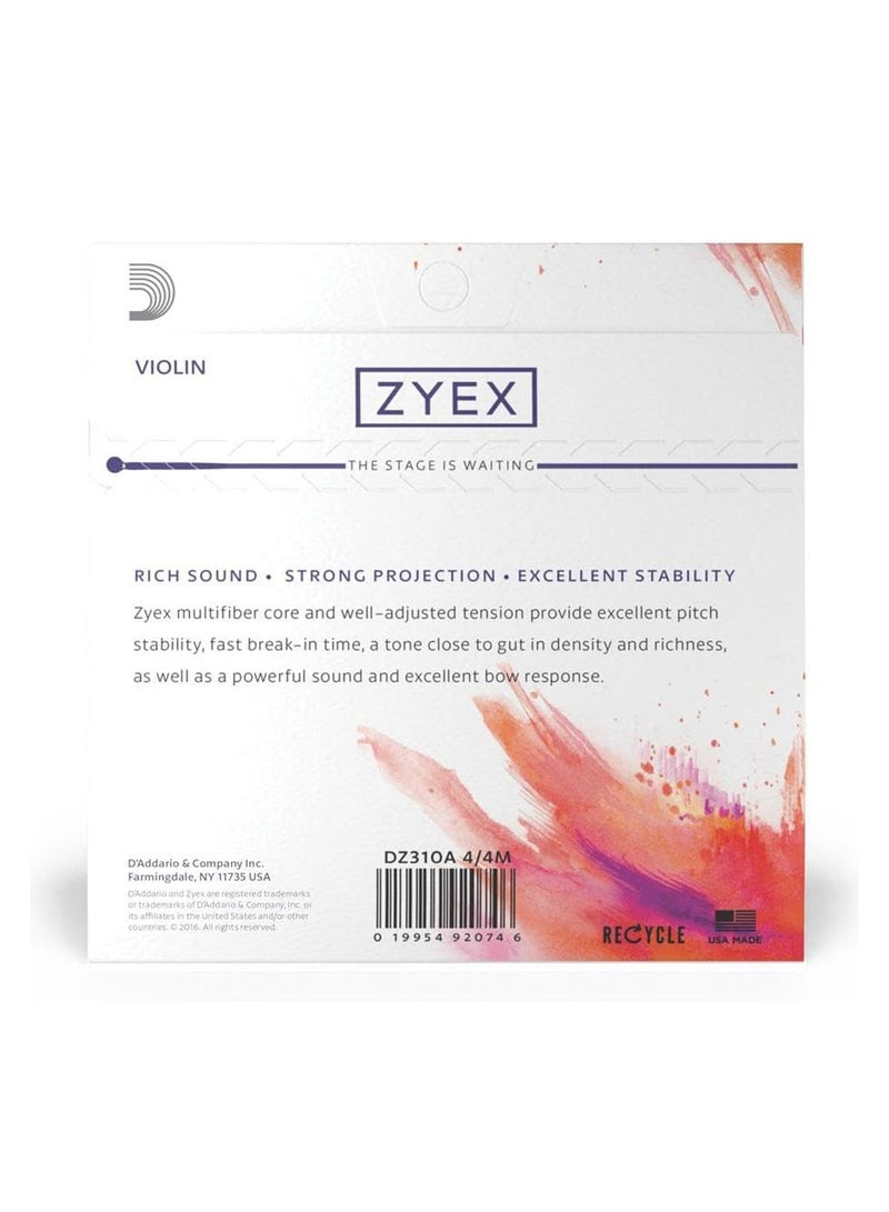 Daddario D'Addario DZ310A 4/4M Zyex Violin String Set | Aluminum D | Synthetic Core | Medium Tension | 4/4 Scale | Uncoated | Silver - Image 3