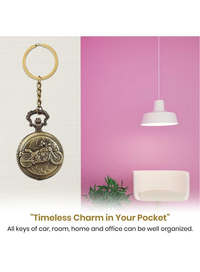 FowWelt Vintage Pocket Watch Metal Keychain Retro Clock For Gifting With Key Ring Anti-Rust - Bike Earth,Multicolor - Image 2