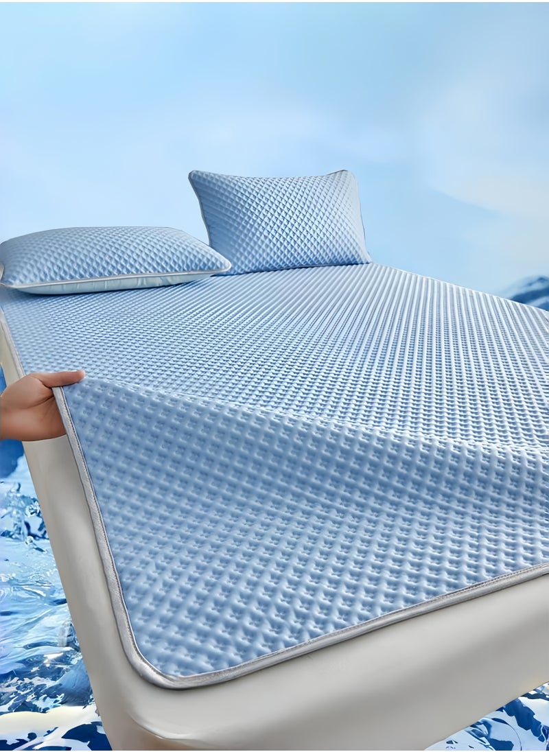 CHU DAI 180x200cm Cooling Thin Mattress Pad, Queen Size Mattress Topper for Hot Sleepers, Cool Fitted Sheets for Bed, Summer Cooling System, Blue  - Image 1