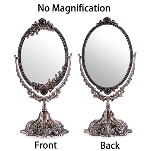 JUXYES Metal Tabletop Antique Decorative Makeup Mirror with Stand, Vintage Swivel Double Sided Cosmetic Mirror with Frame, Retro Desktop Oval Dressing Mirror for Bathroom Bedroom - Image 3