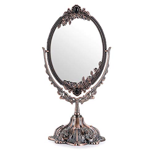 JUXYES Metal Tabletop Antique Decorative Makeup Mirror with Stand, Vintage Swivel Double Sided Cosmetic Mirror with Frame, Retro Desktop Oval Dressing Mirror for Bathroom Bedroom - Image 1