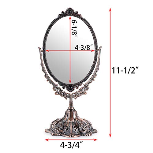 JUXYES Metal Tabletop Antique Decorative Makeup Mirror with Stand, Vintage Swivel Double Sided Cosmetic Mirror with Frame, Retro Desktop Oval Dressing Mirror for Bathroom Bedroom - Image 2