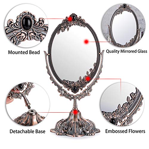 JUXYES Metal Tabletop Antique Decorative Makeup Mirror with Stand, Vintage Swivel Double Sided Cosmetic Mirror with Frame, Retro Desktop Oval Dressing Mirror for Bathroom Bedroom - Image 4