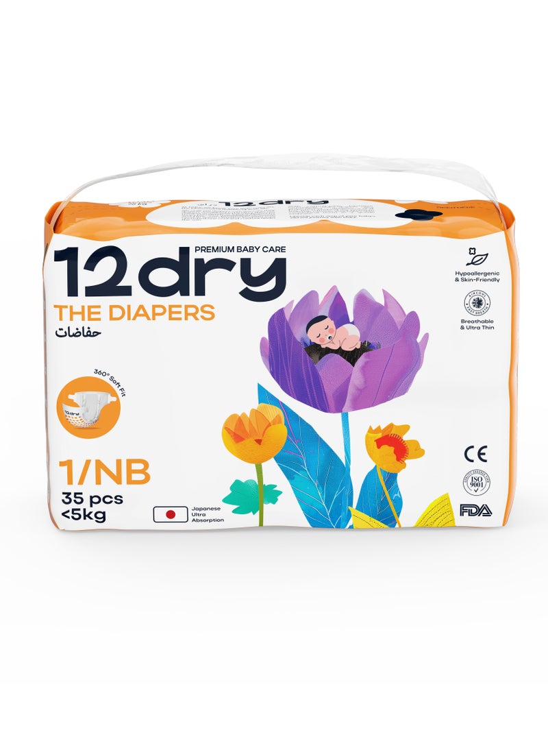 12dry Diapers Size Newborn,35 Count- Ultra Absorbent Dual-Layer Thin and Breathable Eco-Friendly with Soft Elastic Waistband - Image 1