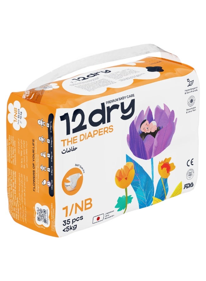 12dry Diapers Size Newborn,35 Count- Ultra Absorbent Dual-Layer Thin and Breathable Eco-Friendly with Soft Elastic Waistband