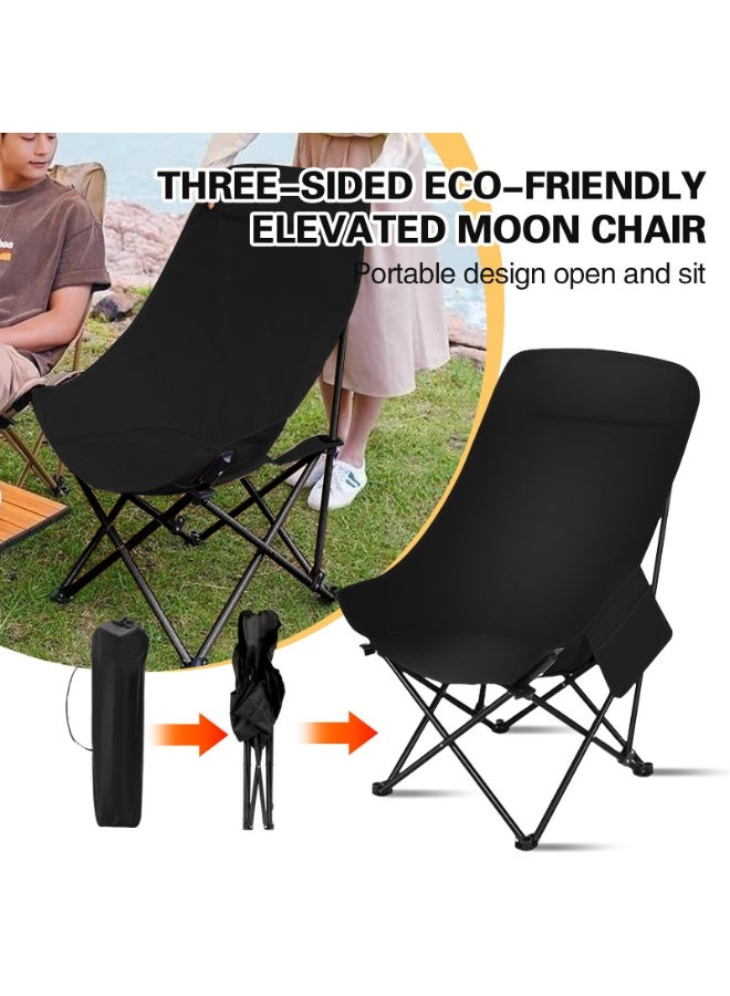 Portable folding camping chair with high back soft cushion side pocket headrest, foldable moon chair with handbag, suitable for camping, beach, leisure, travel, (black) - Image 3