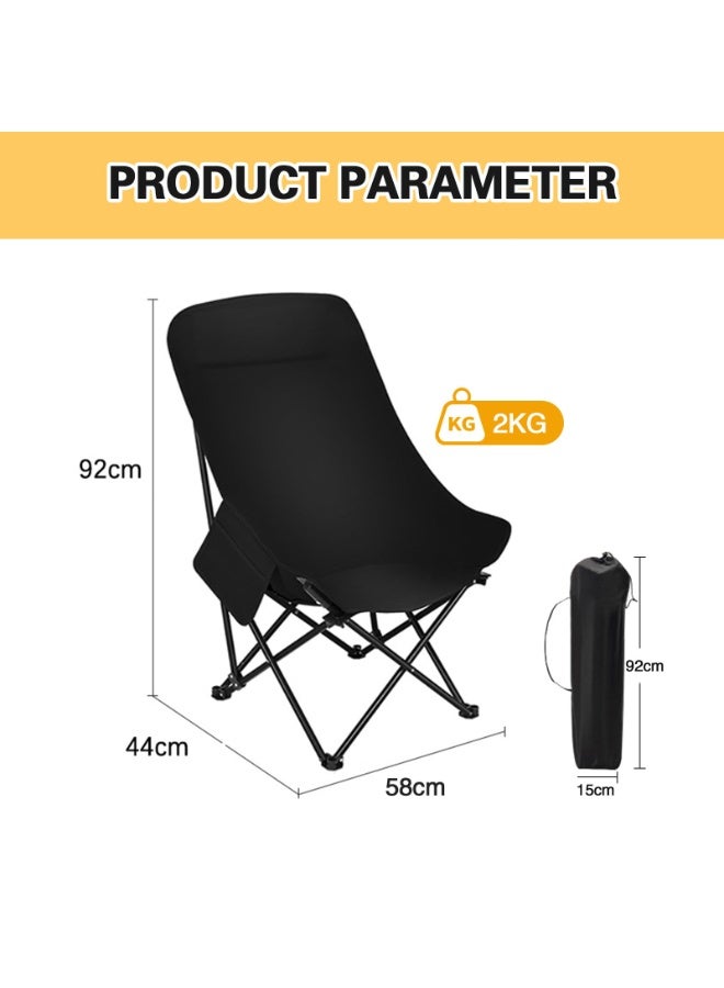Portable folding camping chair with high back soft cushion side pocket headrest, foldable moon chair with handbag, suitable for camping, beach, leisure, travel, (black) - Image 2