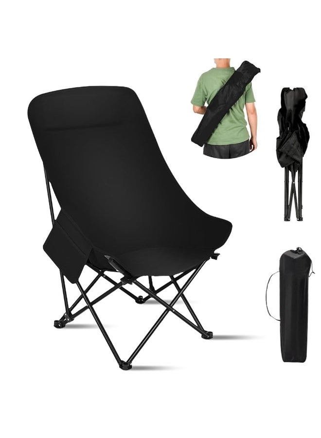 Portable folding camping chair with high back soft cushion side pocket headrest, foldable moon chair with handbag, suitable for camping, beach, leisure, travel, (black) - Image 1