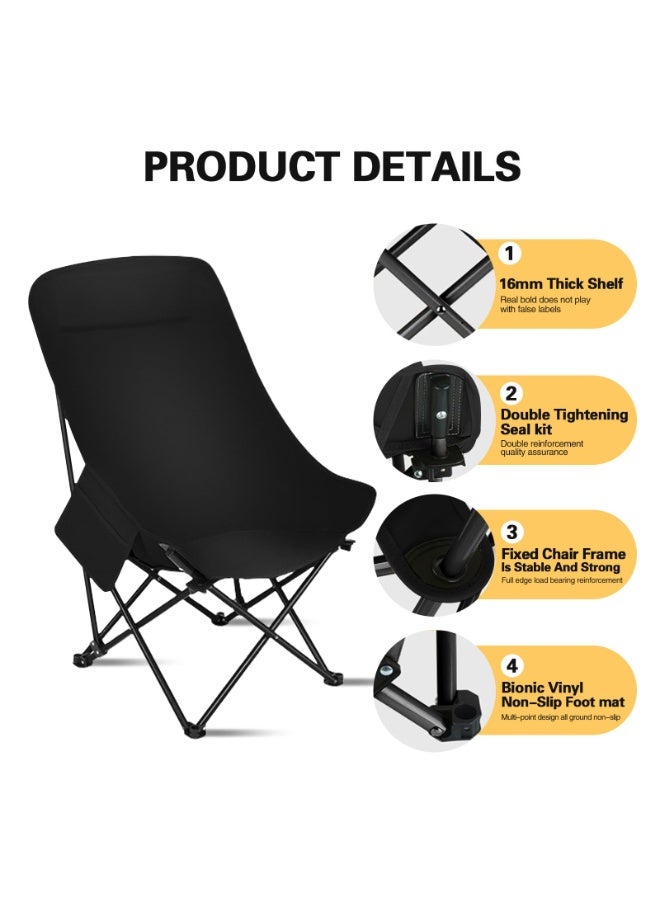 Portable folding camping chair with high back soft cushion side pocket headrest, foldable moon chair with handbag, suitable for camping, beach, leisure, travel, (black) - Image 4