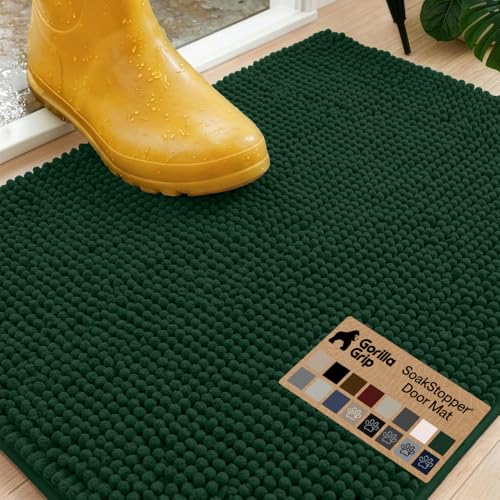 GORILLA GRIP SoakSTOPPER Dog Door Mat 30x20 Machine Washable Rug Absorbent Doormat Captures Moisture Mud Dirt Quick Dry Soft Chenille Entryway Rugs Indoor Entrance Mats for Dog Paws Deep Green - Image 1