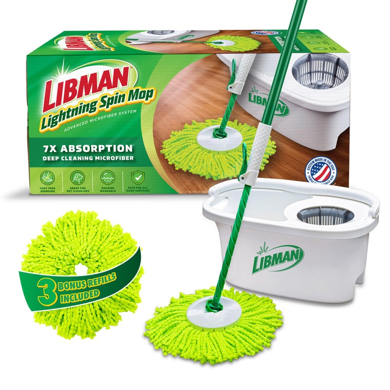 Libman Commercial Libman Lightning Spin Mop System Plus 3 Refill Head | Mop and Bucket with Wringer Set | Floor Mop | Spin Mop | Libman Mop | Mops for Floor Cleaning | Hardwood Floor Mop | 4 Total Mop Heads Included - Image 1
