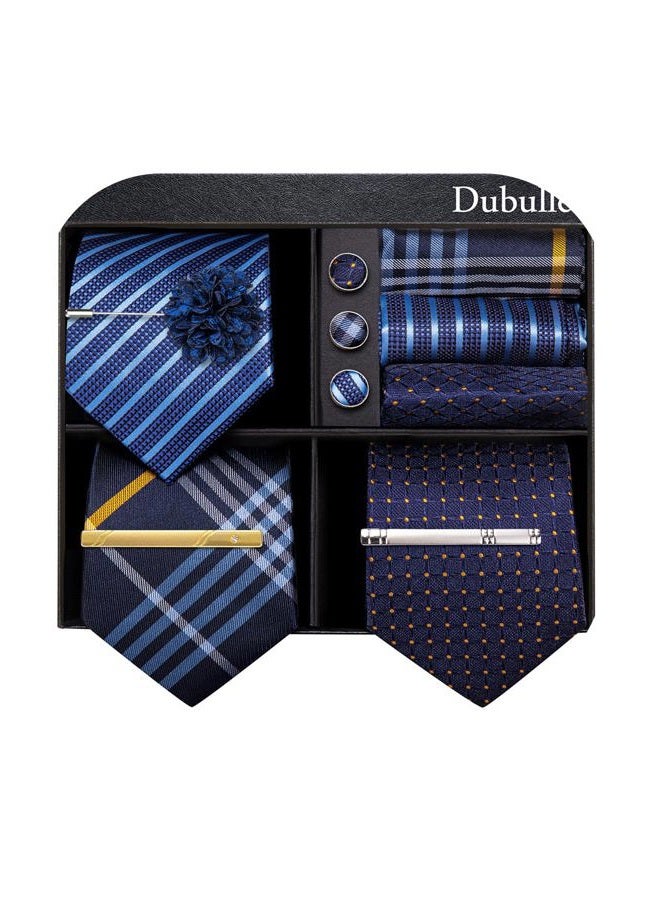 Dubulle Lot 3 PCS Classic Men's Silk Tie Set Paisley Stripe Necktie for Men Pocket Square Gift Box Multiple Sets, Mix Blue Orange, M - Image 1