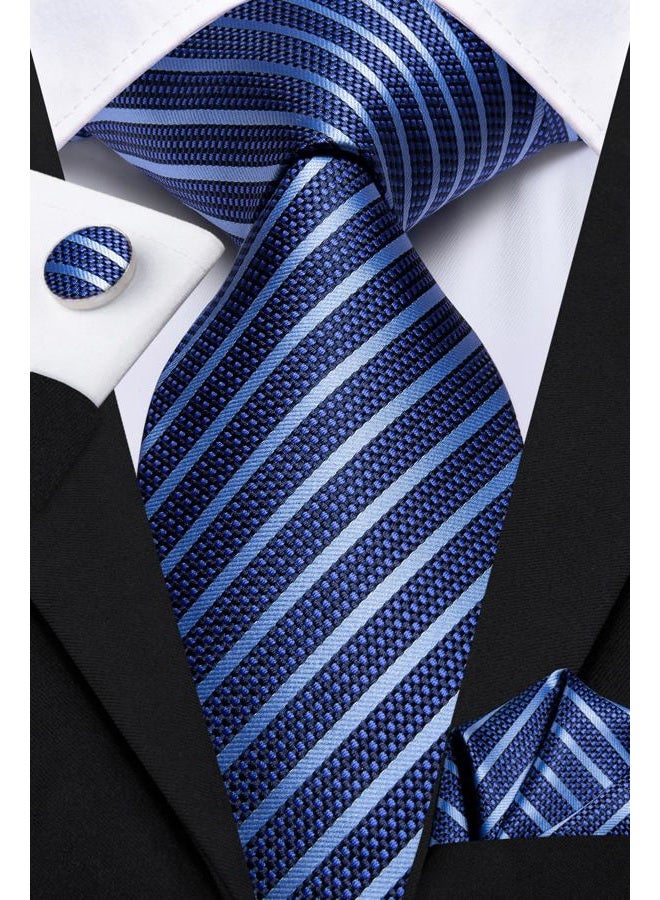 Dubulle Lot 3 PCS Classic Men's Silk Tie Set Paisley Stripe Necktie for Men Pocket Square Gift Box Multiple Sets, Mix Blue Orange, M - Image 2