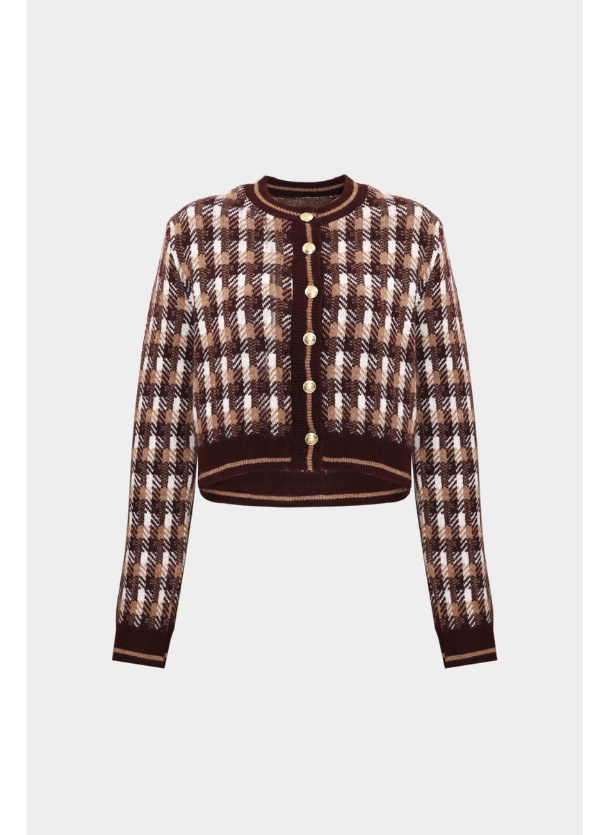 Açelya Okcu Premium Crew Neck Patterned Wool Women's Knitwear Cardigan  - Image 1