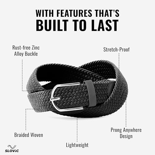 SLOVIC Stretchable Nylon Men Belts | Braided Design Belts for Men | Multi-Hole Adjustable Belt | Ideal for Jeans, Trousers & Chinos | Stylish Gift for Mens | Black - Image 2