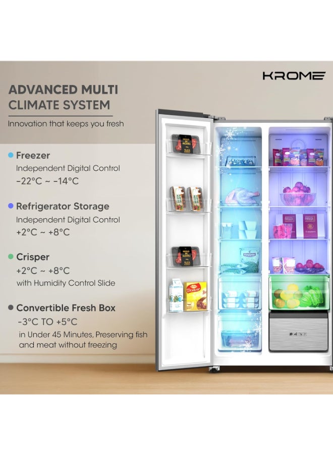 Krome 820L Gross Side-by-Side Refrigerator with Inverter Compressor and LED Touch Control KR-SBS820WIH Black - Image 3