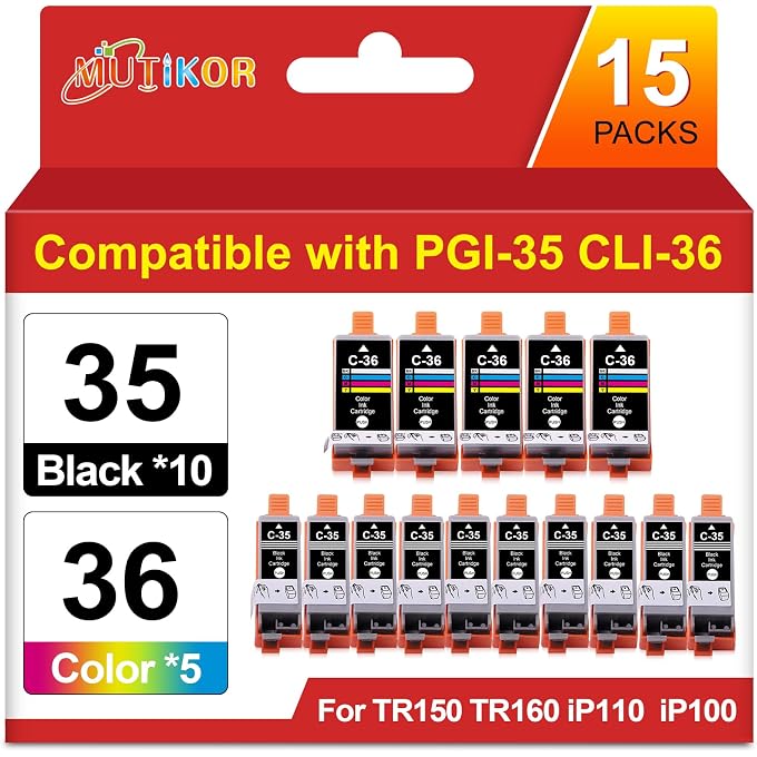 Compatible PGI-35 CLI-36 Ink Cartridges Replacement for 35 36 Ink for TR150 TR160 iP110 iP100 Mini260 Mini320 IP100B Printers, 15 Packs Compatible PGI-35 BK & CLI-36 CL Ink (10 Black 5 Color)