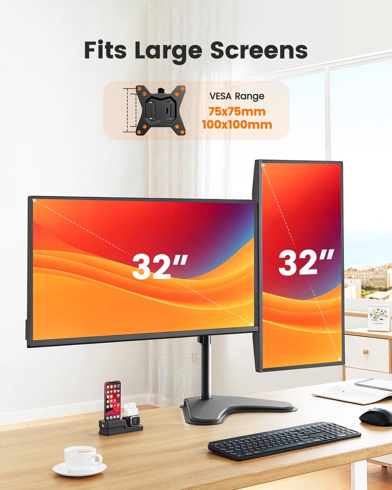 ErGear Freestanding Dual Monitor Stand for 2 Screens up to 32 inch, Heavy Duty Monitor Mount Holds Max 17.6 lbs per Arm, Height Adjustable Gaming Monitor Stand for Desk, VESA 75x75/ 100x100mm, Black - Image 3
