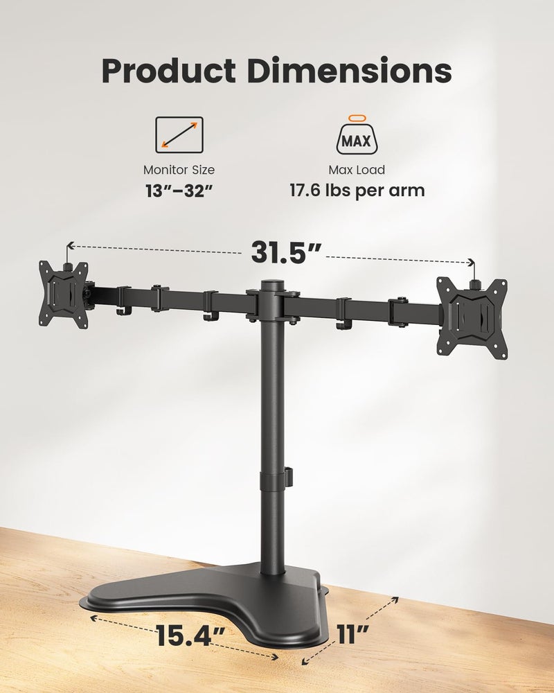ErGear Freestanding Dual Monitor Stand for 2 Screens up to 32 inch, Heavy Duty Monitor Mount Holds Max 17.6 lbs per Arm, Height Adjustable Gaming Monitor Stand for Desk, VESA 75x75/ 100x100mm, Black - Image 2