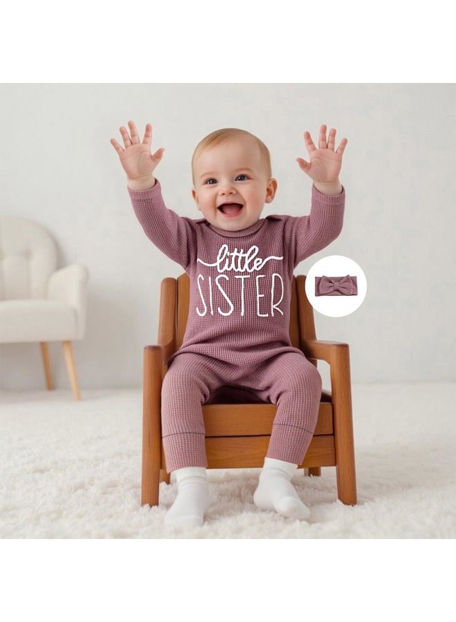 allshope Infant Baby Girl Fall Outfit Sweatshirt Romper Little Sister Lil Sis Long Sleeve Jumpsuit Onesie Newborn Clothes, Little Sister Color Purple, New Born - Image 5