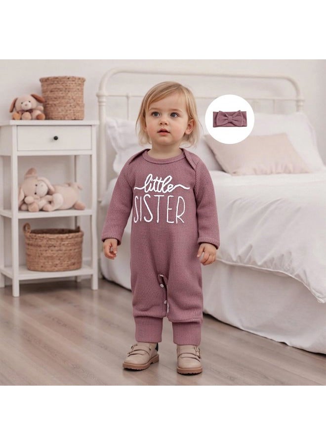 allshope Infant Baby Girl Fall Outfit Sweatshirt Romper Little Sister Lil Sis Long Sleeve Jumpsuit Onesie Newborn Clothes, Little Sister Color Purple, New Born - Image 4