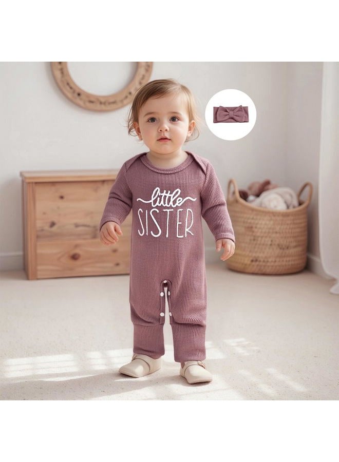 allshope Infant Baby Girl Fall Outfit Sweatshirt Romper Little Sister Lil Sis Long Sleeve Jumpsuit Onesie Newborn Clothes, Little Sister Color Purple, New Born - Image 3
