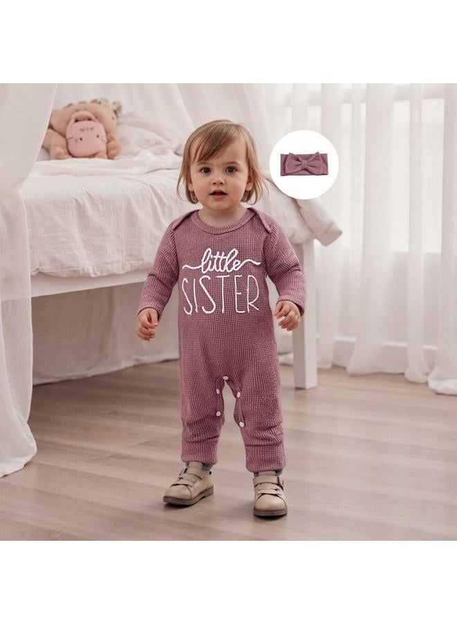 allshope Infant Baby Girl Fall Outfit Sweatshirt Romper Little Sister Lil Sis Long Sleeve Jumpsuit Onesie Newborn Clothes, Little Sister Color Purple, New Born - Image 2