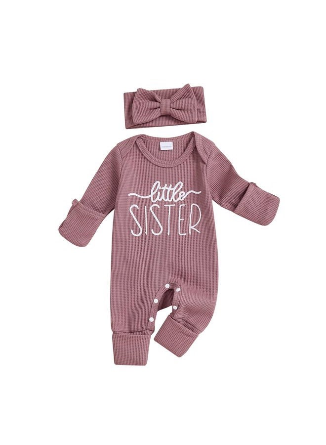 allshope Infant Baby Girl Fall Outfit Sweatshirt Romper Little Sister Lil Sis Long Sleeve Jumpsuit Onesie Newborn Clothes, Little Sister Color Purple, New Born - Image 1