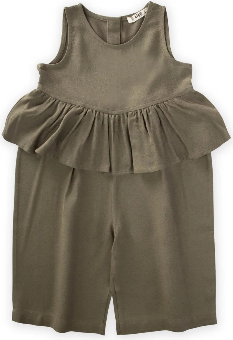 Cigit Waist Flounced Linen Jumpsuit 2-7 Years Khaki Green