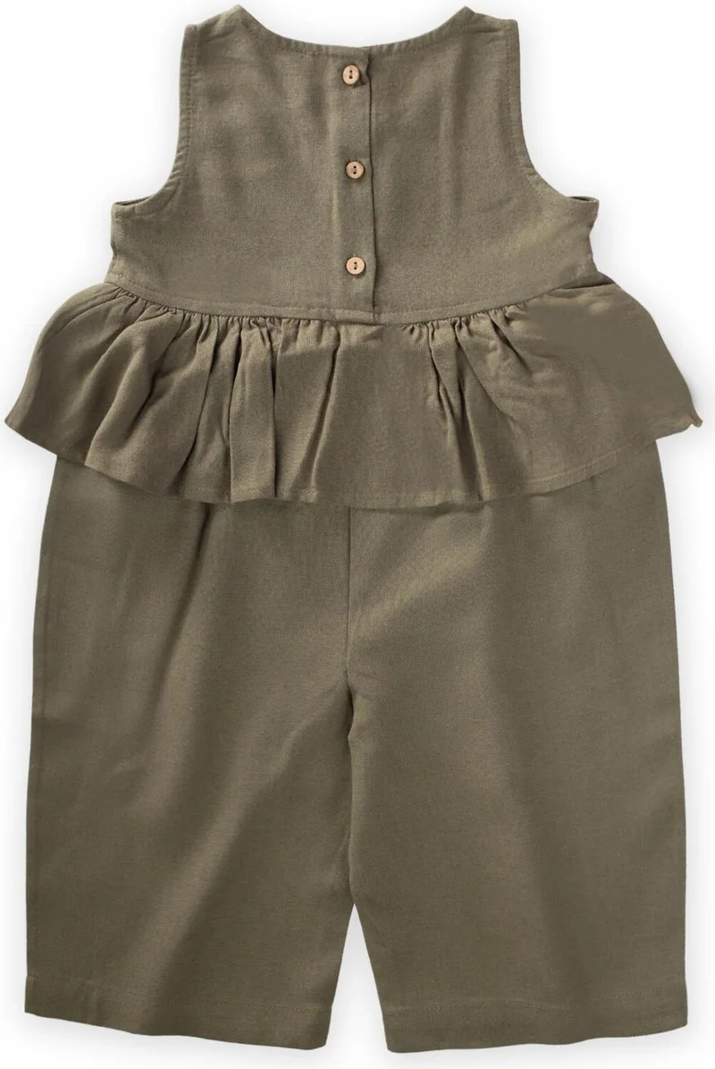 Cigit Waist Flounced Linen Jumpsuit 2-7 Years Khaki Green