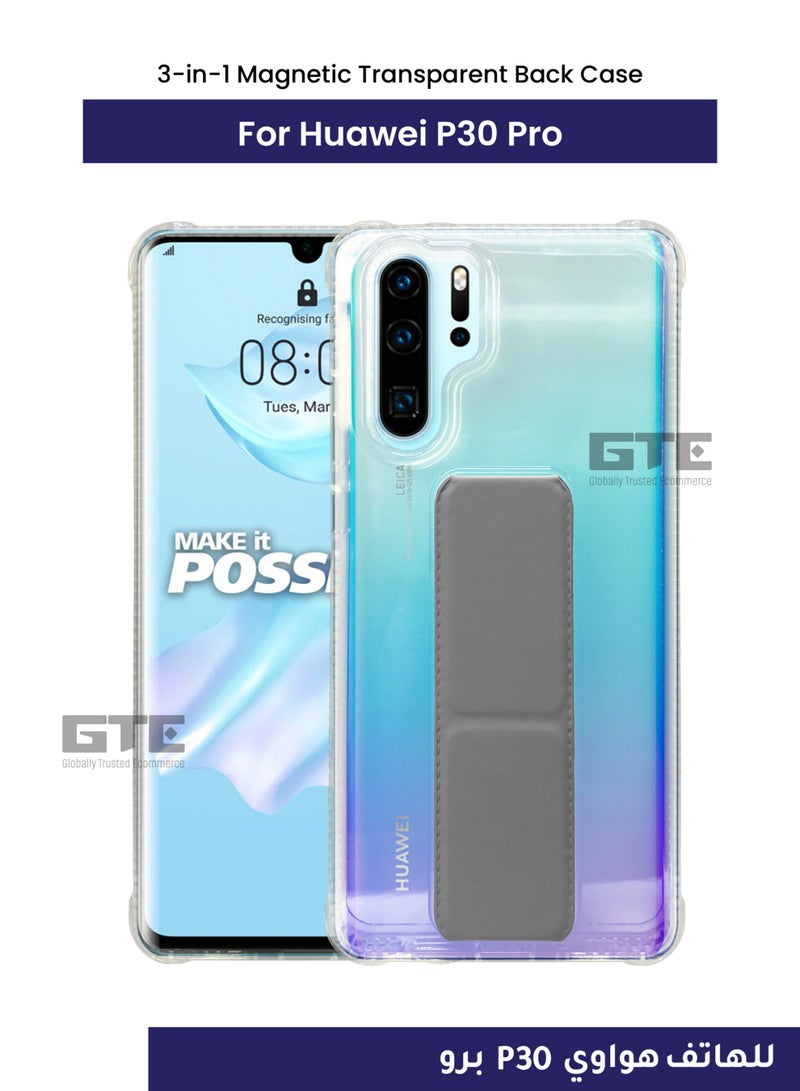 3-in-1 Magnetic Transparent Wrist Strap Hand Grip Stand Back Case Cover  for Huawei P30 Pro-Clear/Grey