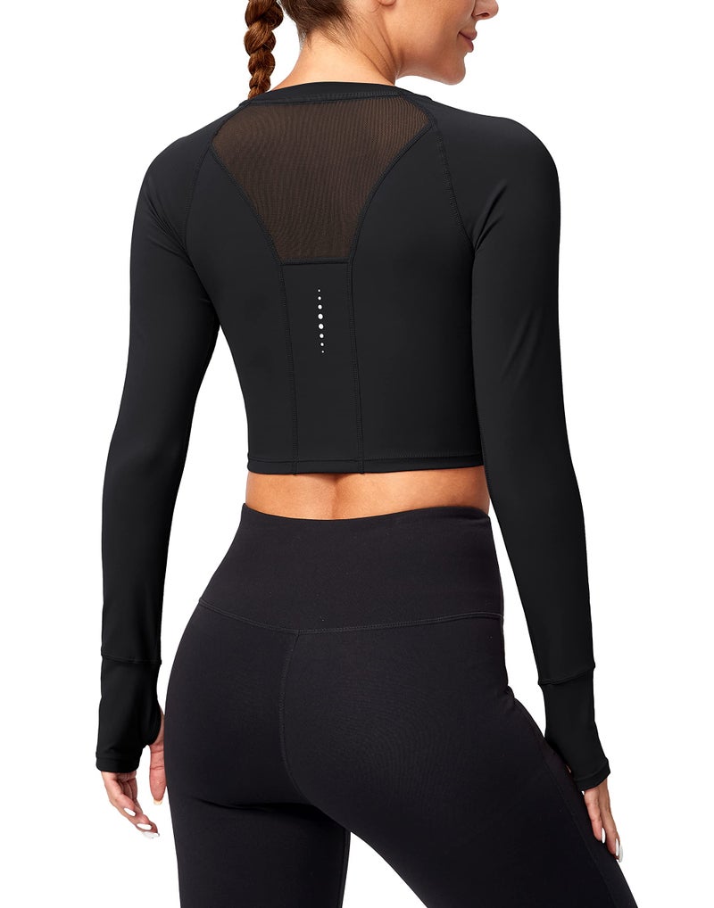 SANTINY Women's Slim Fit Long Sleeve Crop Top Gym Yoga Running Shirt (Black, S) - Image 1