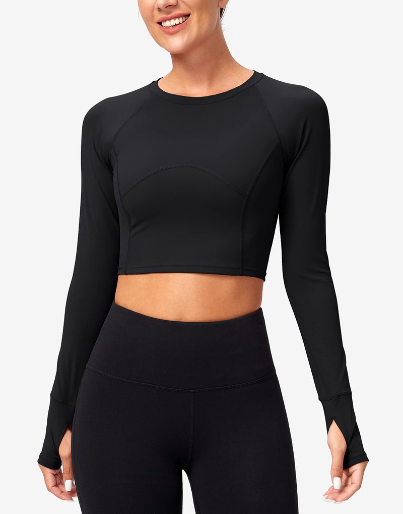 SANTINY Women's Slim Fit Long Sleeve Crop Top Gym Yoga Running Shirt (Black, S) - Image 2